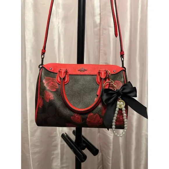 STUNNING Coach Rowan Red Leather Trim black, brown & Rose Print - Picture 10 of 12
